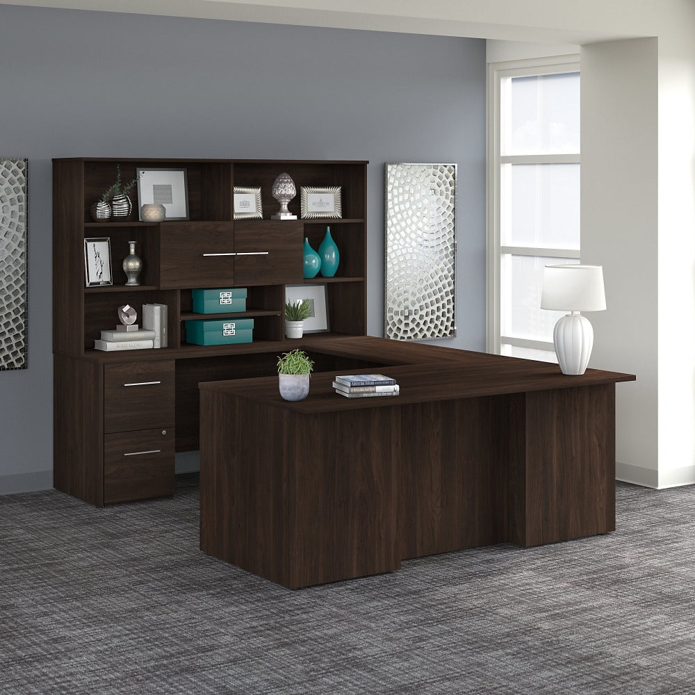 Bush Business Furniture Office 500 72inW U-Shaped Executive Corner Desk With Drawers And Hutch, Black Walnut, Standard Delivery