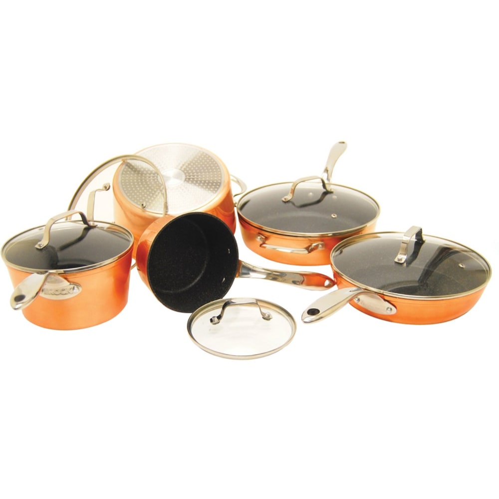 The Rock Cookware - 1.5 quart Saucepan, 3.1 quart Saucepan, 5.1 quart Stockpot, 10in Diameter Frying Pan, 11in Diameter Deep Frying, Lid - Stainless Steel Handle, Forged Aluminum Base, Copper - Cooking, Frying - Oven Safe - Bronze - Copper - 1 Piece