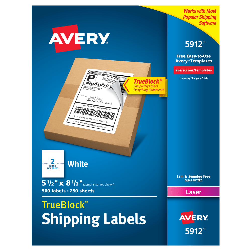 Avery Permanent Shipping Labels With TrueBlock Technology, 5912, 5 1/2in x 8 1/2in, White, Box Of 500