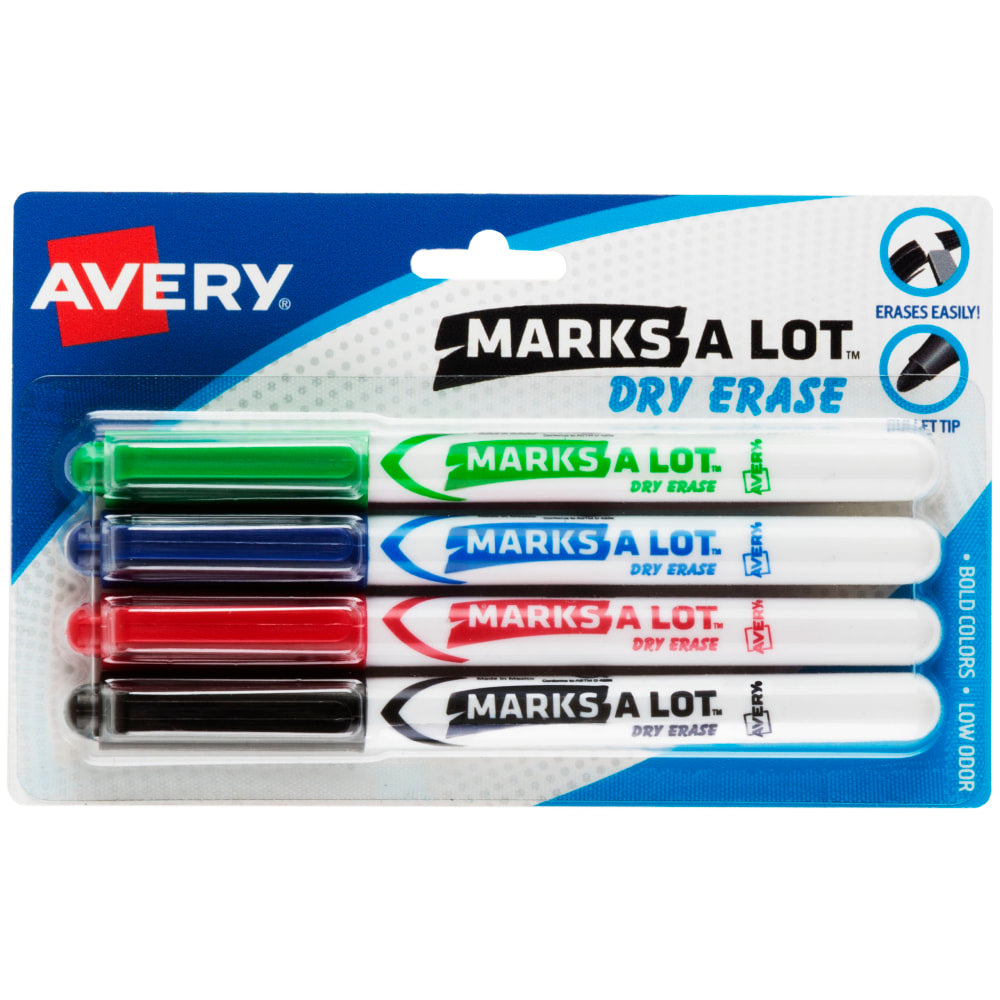 Avery Marks A Lot Dry Erase Markers, Bullet Tip, Pen-Style, Assorted Colors, Pack Of 4 Markers