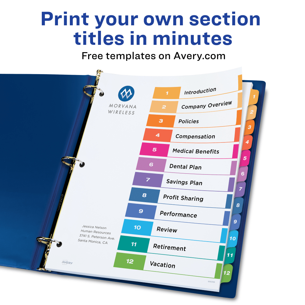 Avery Ready Index 1-12 Tab With Customizable Table Of Contents Binder Dividers, 8-1/2in x 11in, 12 Tab, Multicolor, 1 Set