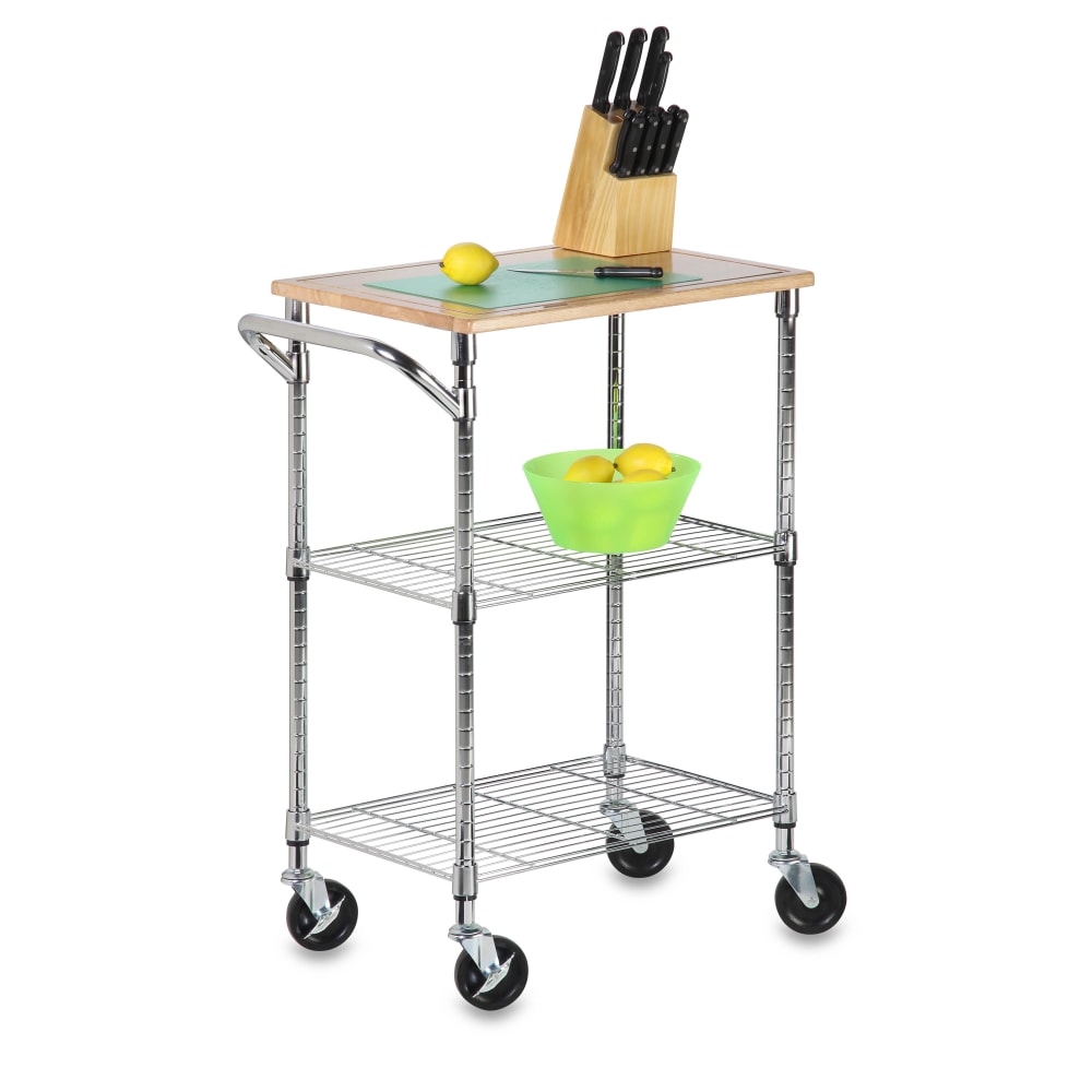 Honey-Can-Do 2-Shelf Kitchen Cart With Cutting Board, 37 1/2inH x 28 1/2inW x 17 3/4inD, Chrome/Wood