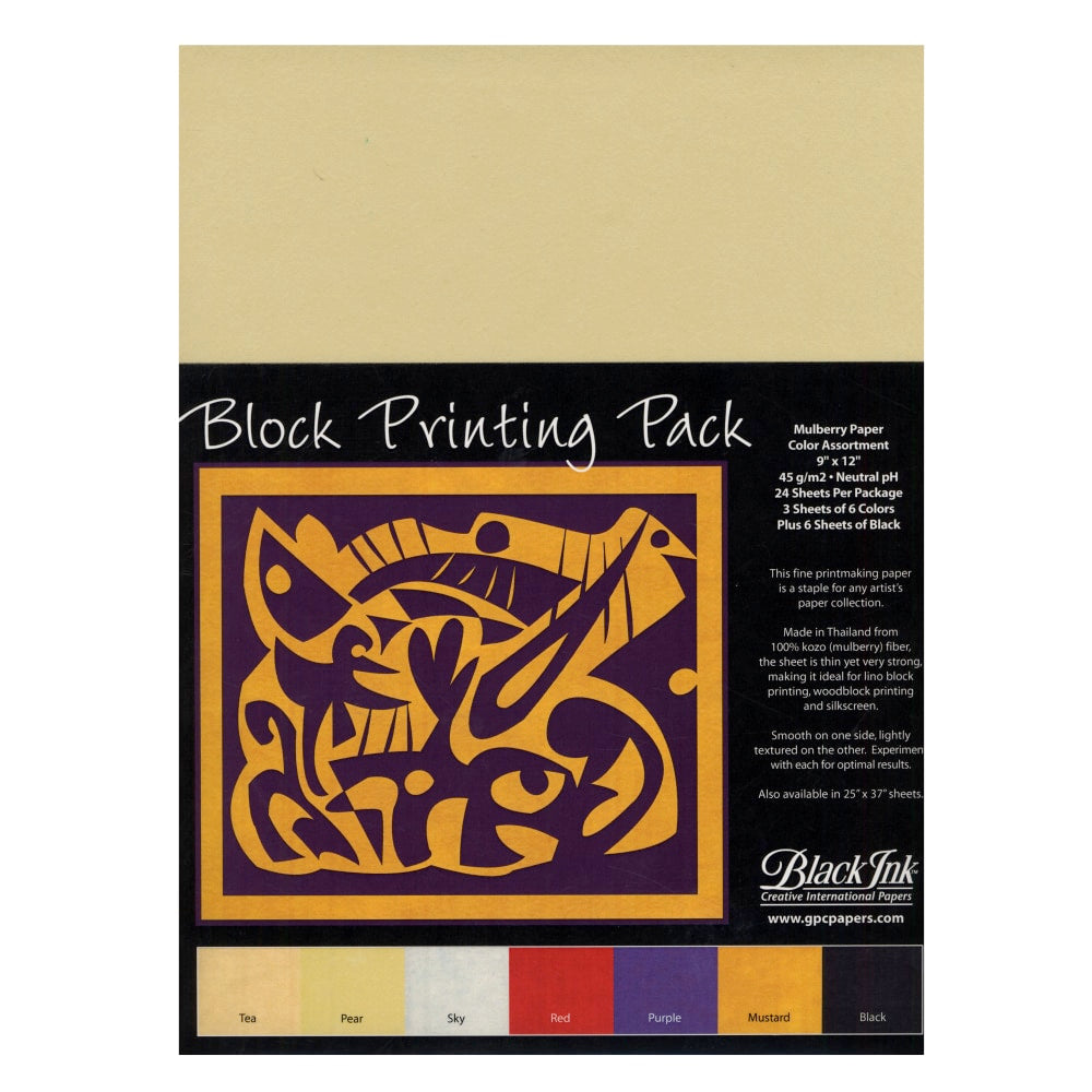 Black Ink Thai Mulberry Block Printing Paper, 9in x 12in, Assorted, Pack Of 24 Sheets