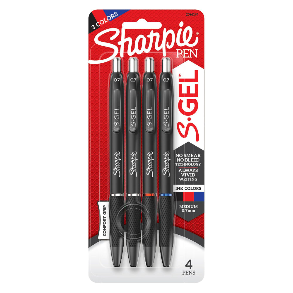 Sharpie S Gel Pens, Medium Point, 0.7 mm, Black Barrel, Assorted Ink, Pack Of 4 Pens