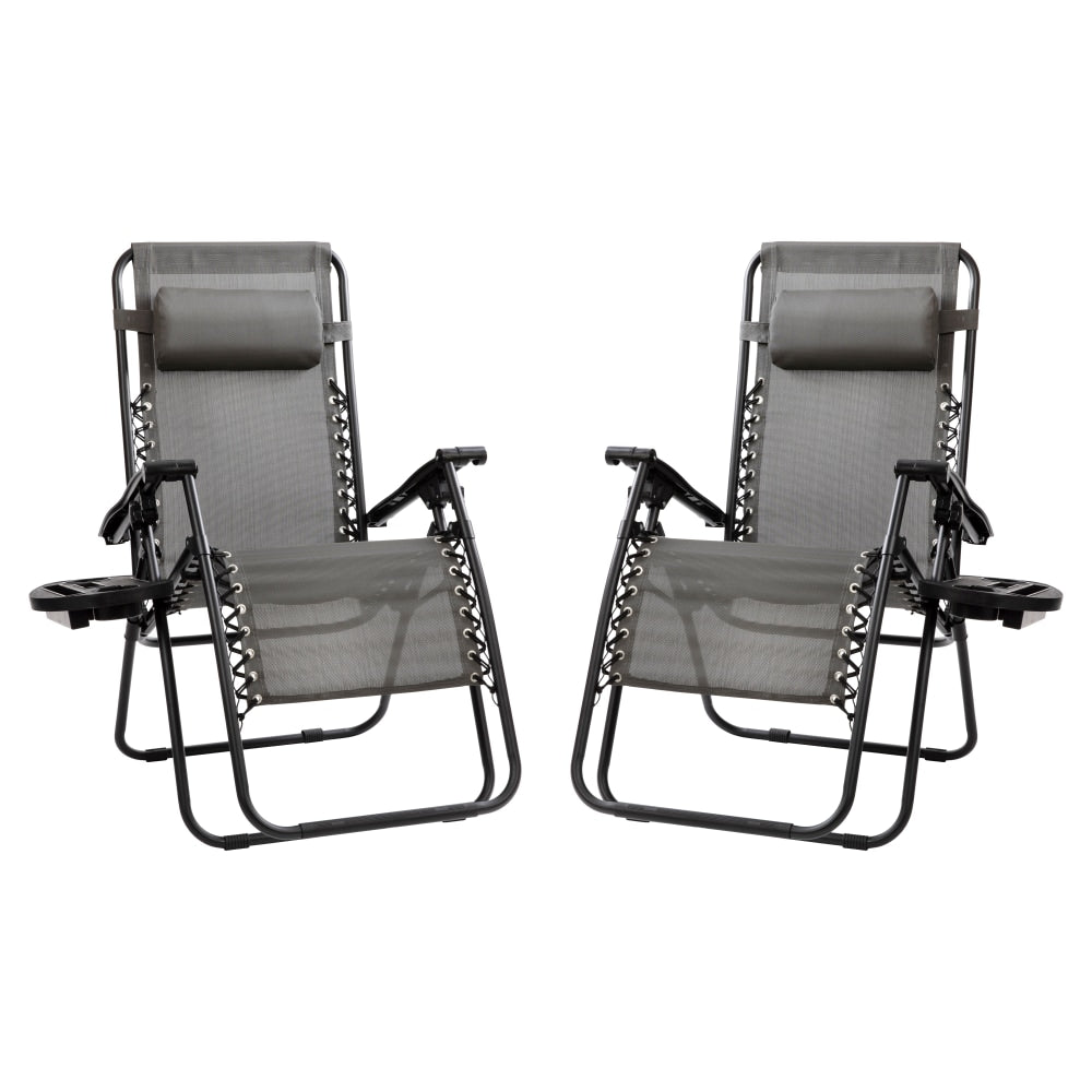 Flash Furniture Adjustable Folding Mesh Zero Gravity Reclining Lounge Chairs With Pillow And Tray, Gray/Black, Set Of 2 Chairs