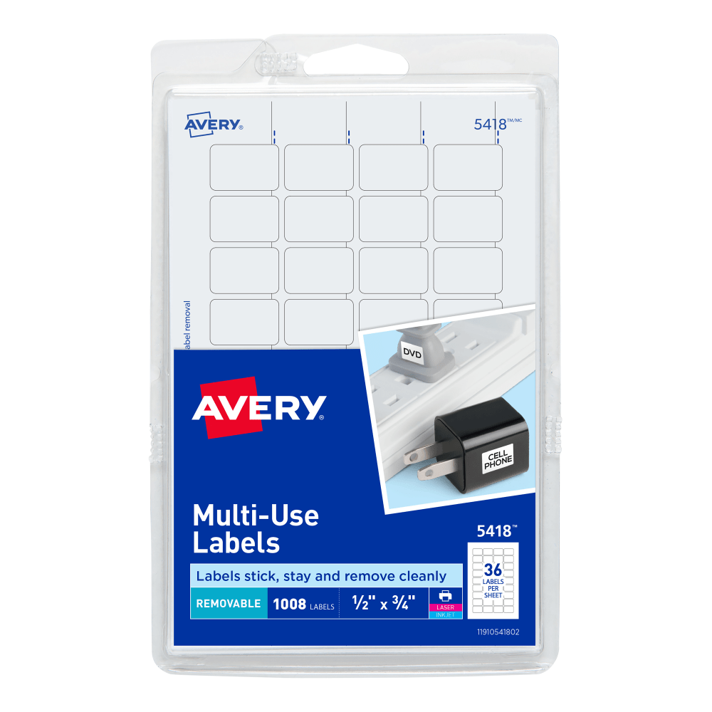 Avery Removable Labels, 5418, Rectangle, 1/2in x 3/4in, White, Pack Of 1,008