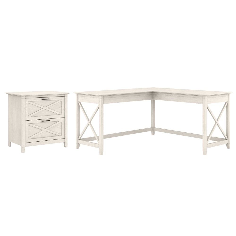 Bush Business Furniture Key West 60inW L-Shaped Corner Desk With 2-Drawer Lateral File Cabinet, Linen White Oak, Standard Delivery