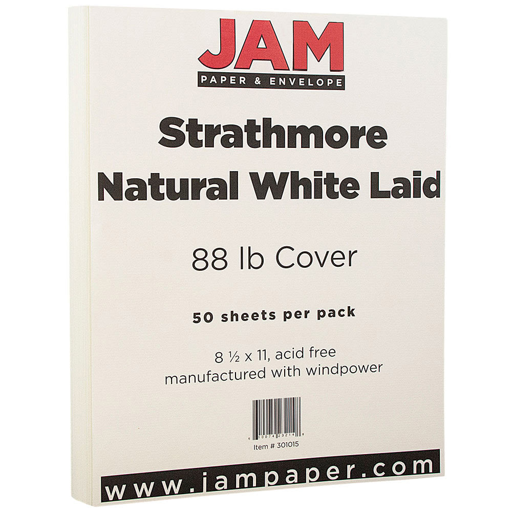 JAM Paper Card Stock, Strathmore Natural White Laid, Letter (8.5in x 11in), 88 Lb, Pack Of 50