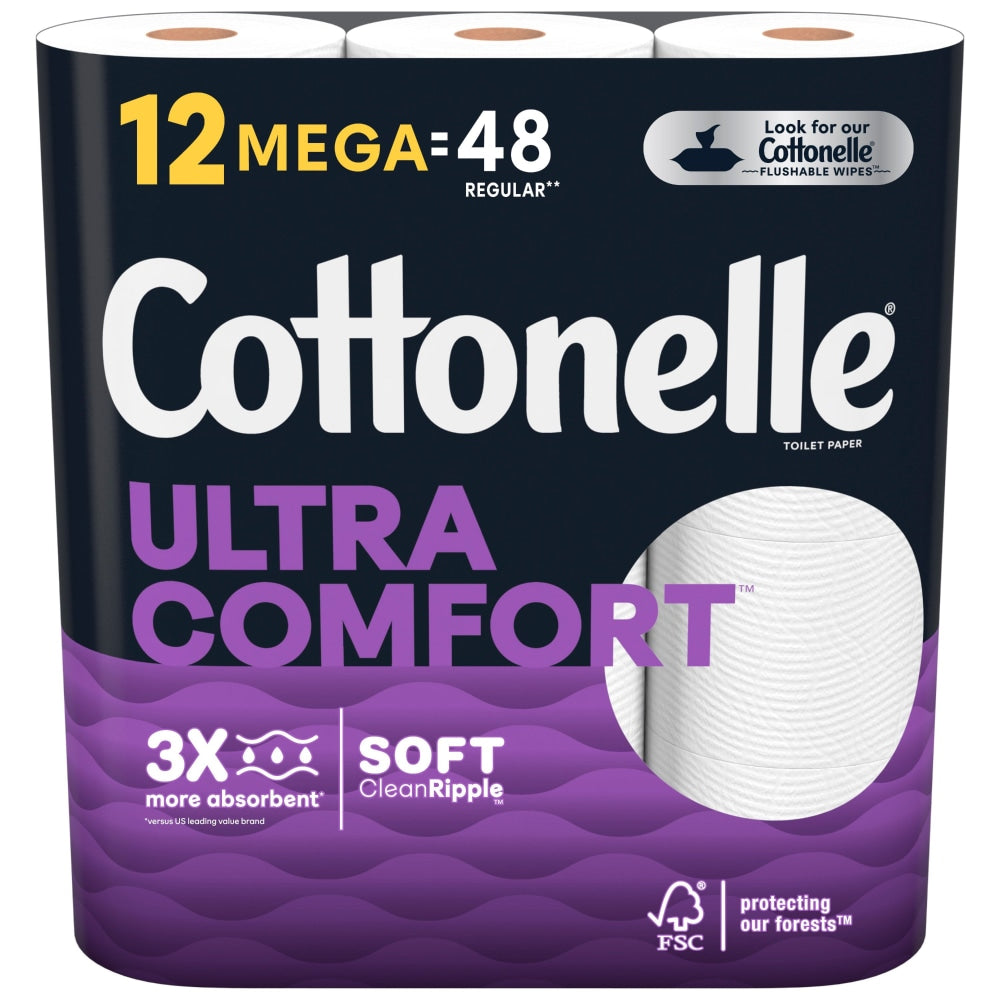 Cottonelle UltraComfort 2-Ply Bath Tissue, 3-7/8in x 4in, White, 268 Sheets Per Roll, Pack Of 12 Rolls