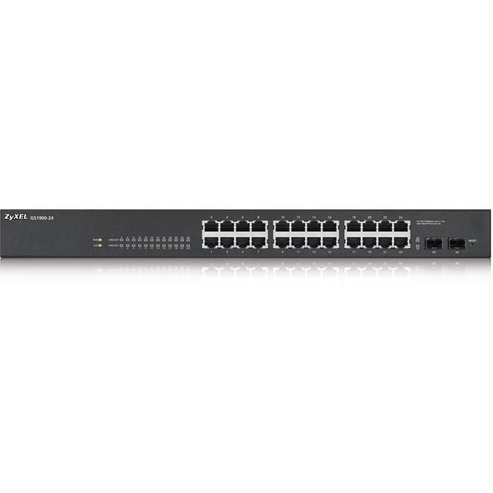 ZyXEL GS1900-24 Fanless 24 Port GbE L2 Web Managed Rackmountable Switch - 24 Ports - Manageable - 24 x RJ-45 - 2 x Expansion Slots - 10/100/1000Base-T - Desktop, Rack-mountable