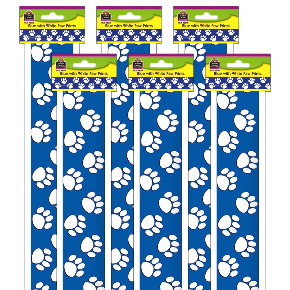 Teacher Created Resources Border Trim, Blue/White Paw Prints, 35ft Per Pack, Set Of 6 Packs