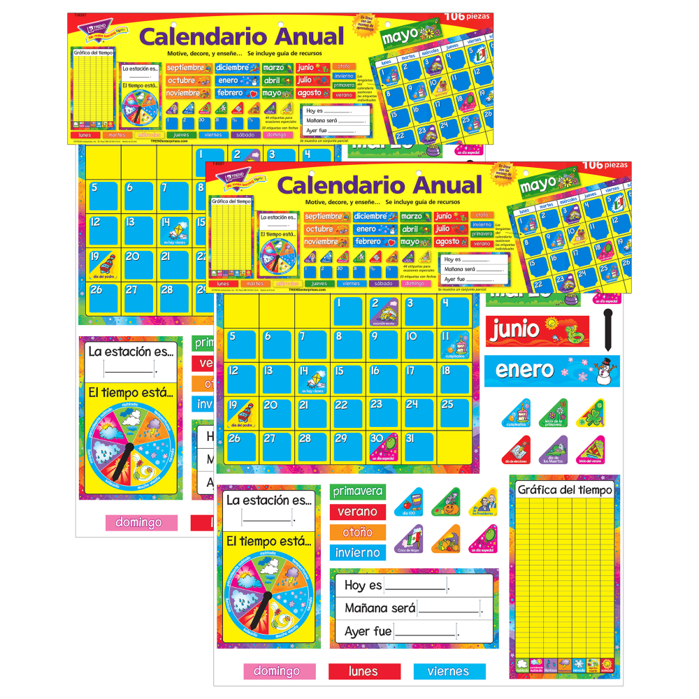 TREND Year Calendario Anual (Spanish) Bulletin Board Sets, 17-1/2in x 23-1/4in, Assorted Colors, Pack Of 2 Sets