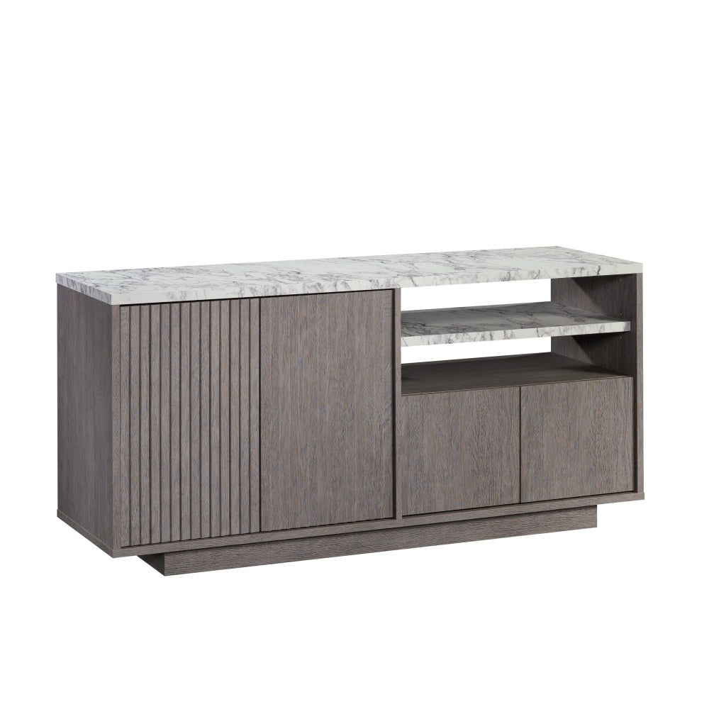 Sauder East Rock Contemporary TV Credenza With Doors And Open Shelving, 27-1/2inH x 59inW x 18-3/8inD, Ashen Oak/Faux White