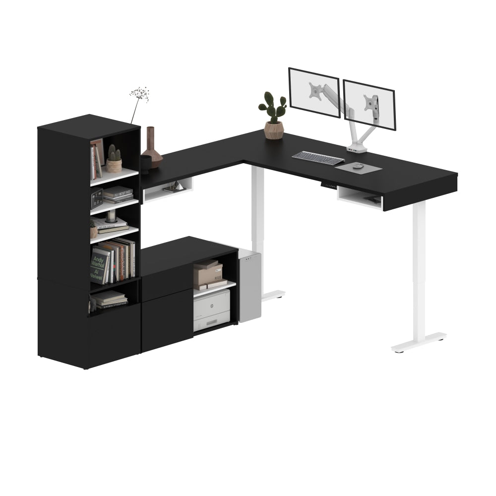 Bestar Viva 72inW L-Shaped Standing Corner Desk With Dual Monitor Arm And Storage, Black