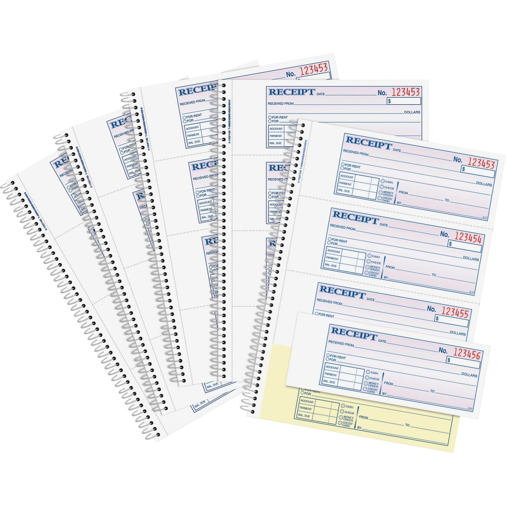 Adams Spiral 2-part Money/Rent Receipt Book - 200 Sheet(s) - Spiral Bound - 2 Part - 2.75in x 7.62in Form Size - White, Canary - Assorted Sheet(s) - 5 / Pack