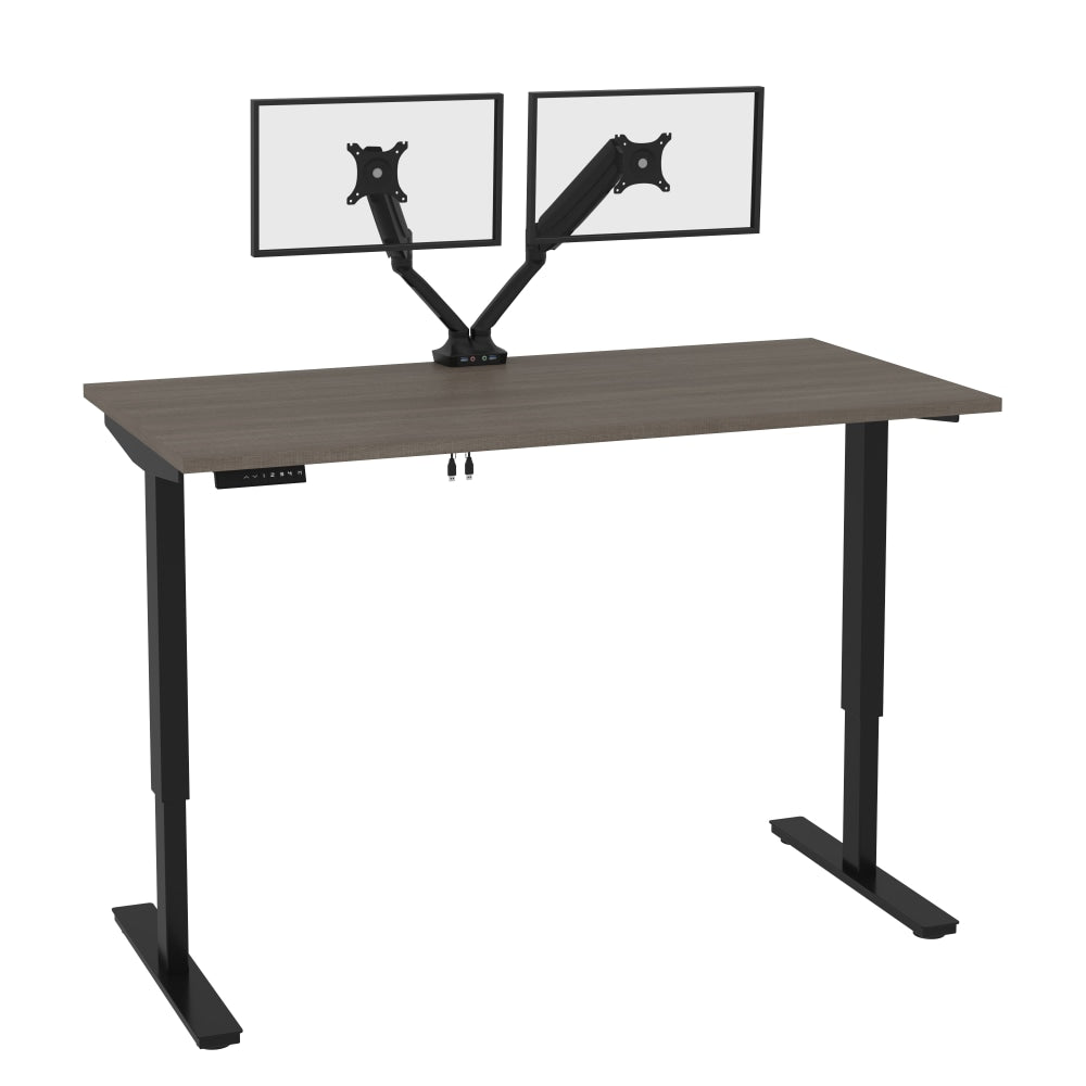 Bestar Universel Electric 60inW Standing Desk With Dual Monitor Arm, Bark Gray