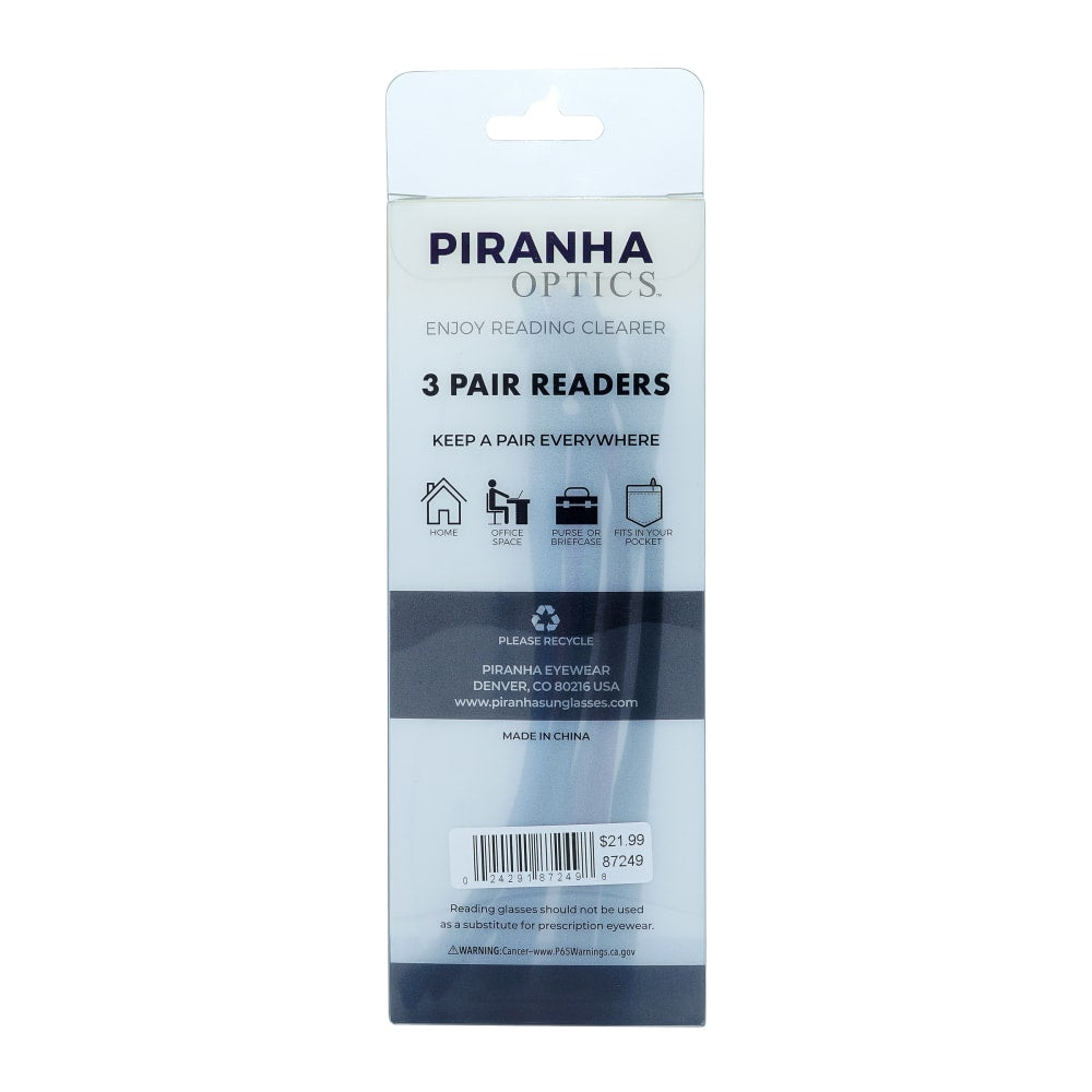 Piranha Unisex Tri-Pack Readers, Black/Red/Blue, +2.00, 3 Readers Per Pack, Case Of 60 Packs