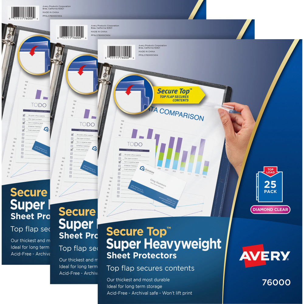 Avery Secure Top Sheet Protectors - For Letter 8 1/2in x 11in Sheet - 3 x Holes - Ring Binder - Clear - Polypropylene - 75 / Bundle