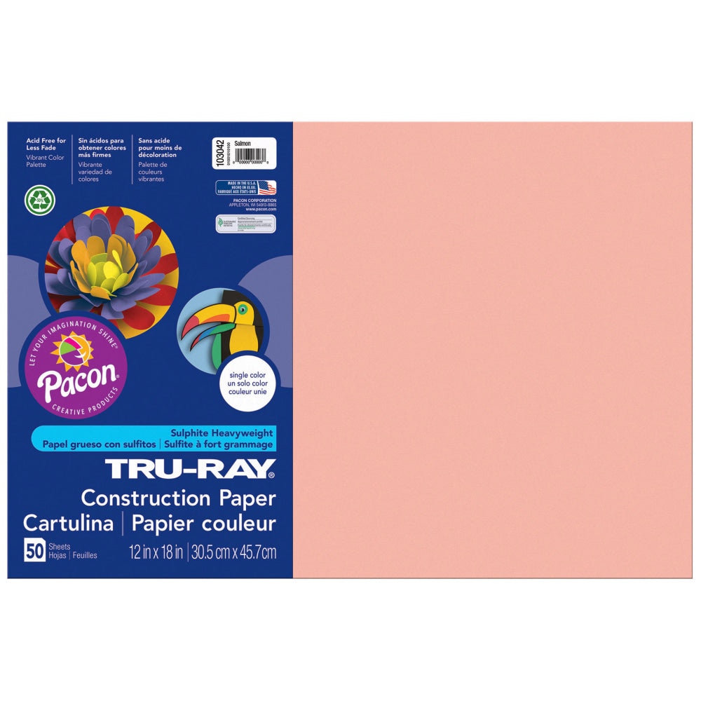 Tru-Ray Construction Paper, 12in x 18in, Salmon, 50 Sheets Per Pack, Set Of 5 Packs