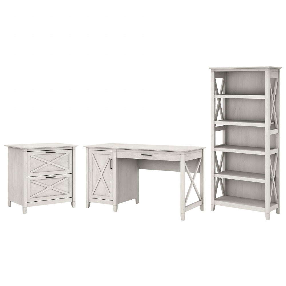 Bush Furniture Key West 54inW Computer Desk With 2-Drawer Lateral File Cabinet And 5-Shelf Bookcase, Linen White Oak, Standard Delivery