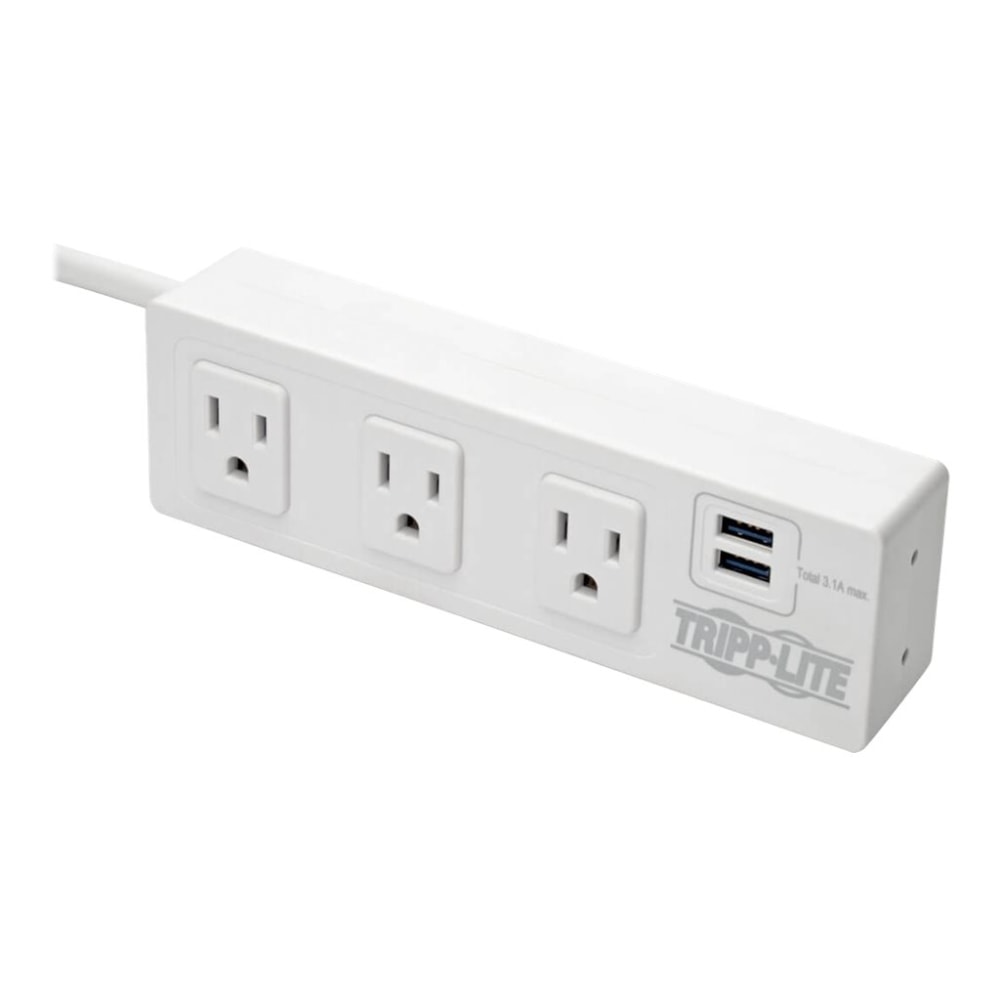 Tripp Lite 3-Outlet Surge Protector Power Strip with 2 USB Ports, 10 ft. Cord (3.05m) - 510 Joules, Desk Clamp, White Housing - Surge protector - 15 A - AC 120 V - output connectors: 3 - 10 ft cord - white