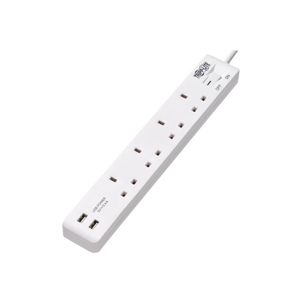 Tripp Lite 4-Outlet Power Strip with USB-A Charging - BS1363A Outlets, 220-250V, 13A, 1.8 m Cord, BS1363A Plug, White - Power strip - 13 A - AC 230 V - input: BS 1363A - output connectors: 4 (2 x USB, 4 x BS 1363A) - 6 ft cord - white