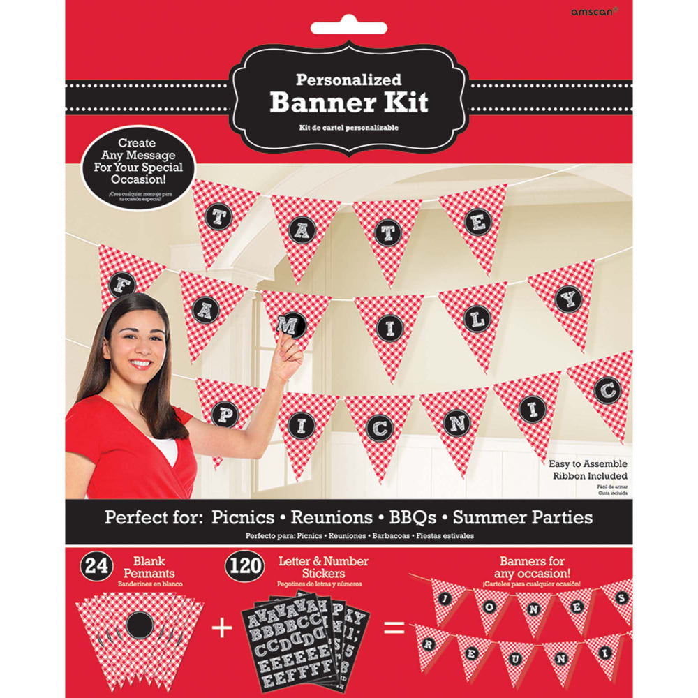 Amscan Summer Picnic Personalizable Gingham Pennant Banners, 10-1/2in x 312in, Red, Pack Of 2 Banners