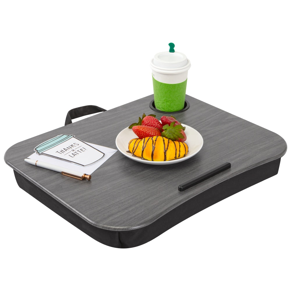 LapGear Lap Desk With Cup Holder, 14-3/4in x 18-1/2in x 2-13/16in, Gray Woodgrain