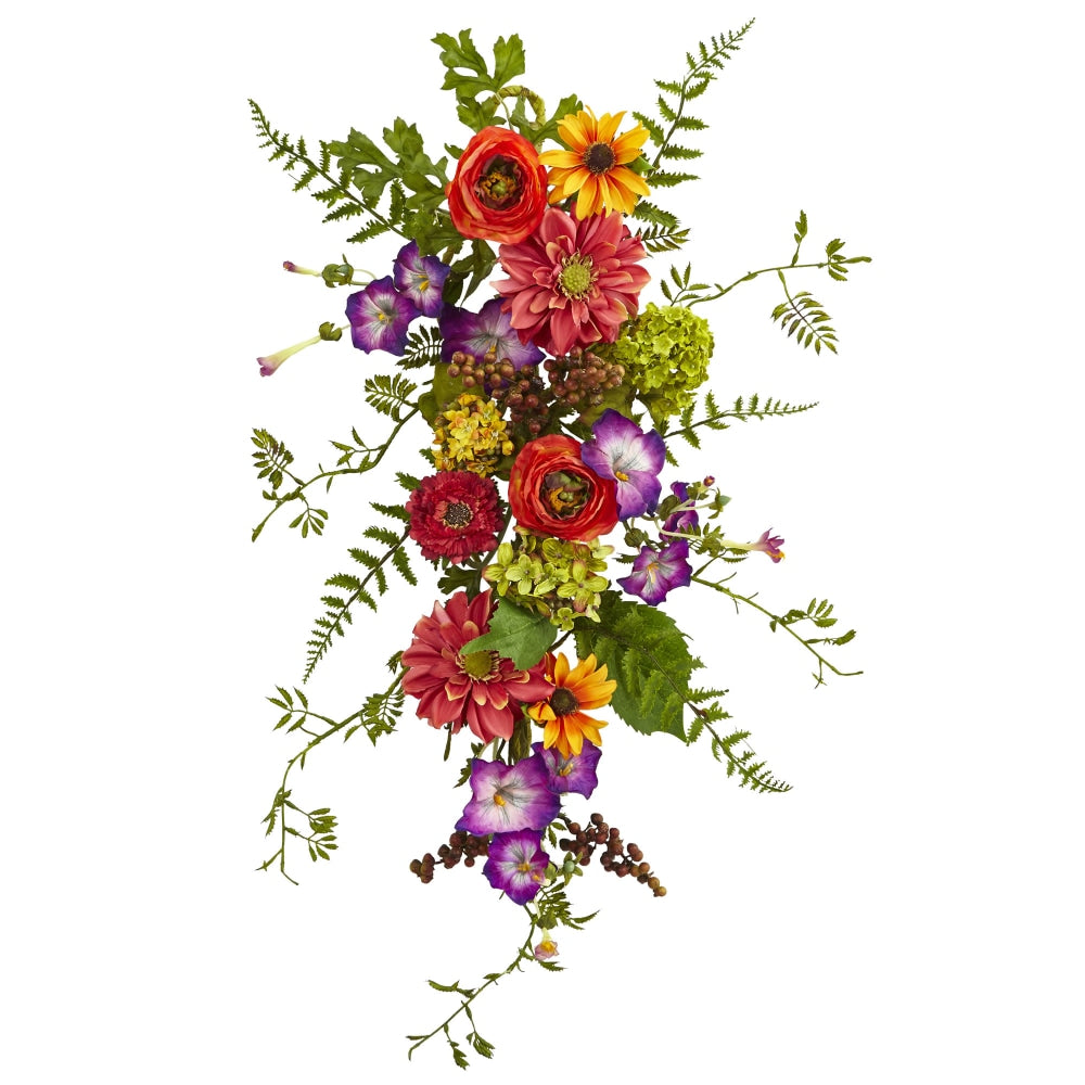 Nearly Natural Garden Flower Teardrop Wreath, 24inH x 10inW x 5inD, Multicolor