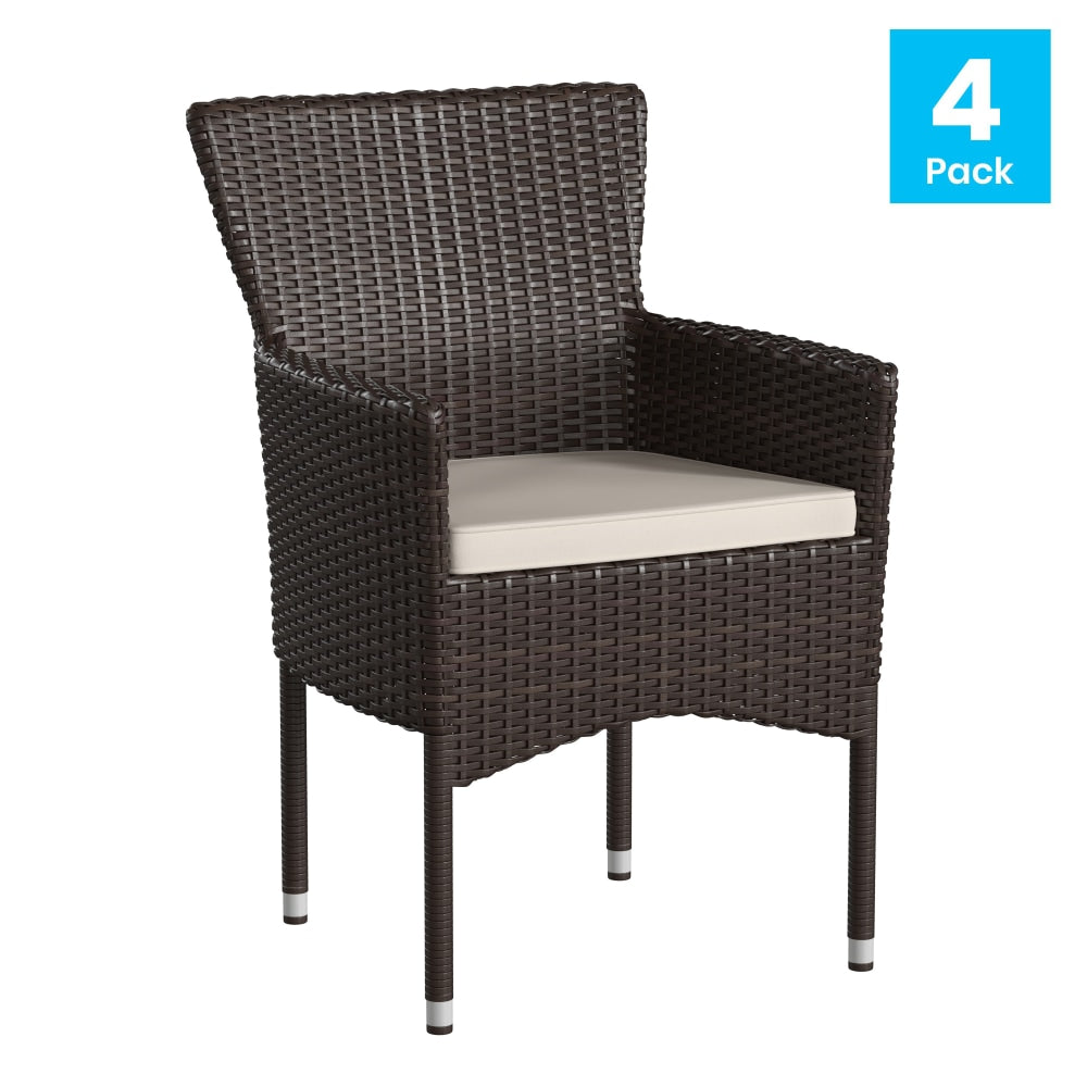 Flash Furniture Maxim Modern Wicker Patio Armchairs With Cushions, Espresso/Cream, Set Of 4 Chairs