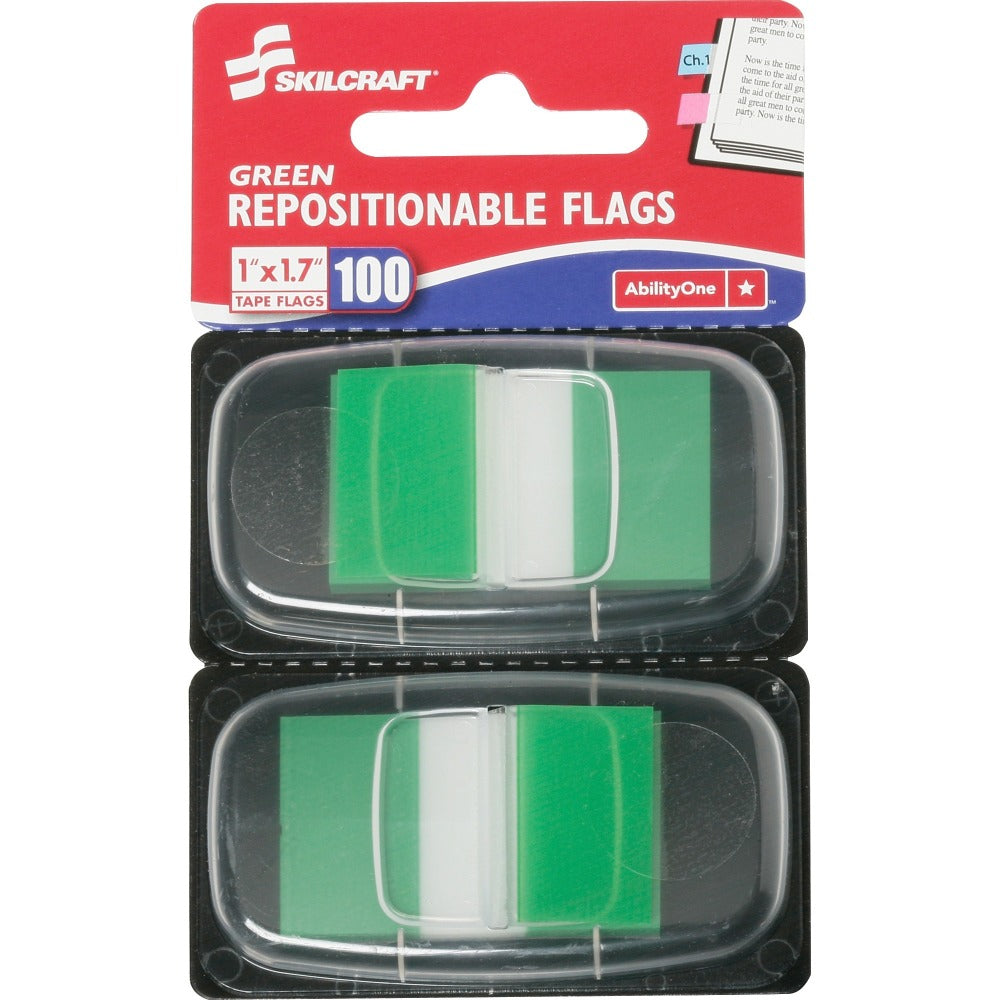 SKILCRAFT 70% Recycled Color Self-Stick Flags, 1in x 1 3/4in, Green, 50 Flags Per Pad, Pack Of 2 (AbilityOne 7510-01-315-2020)