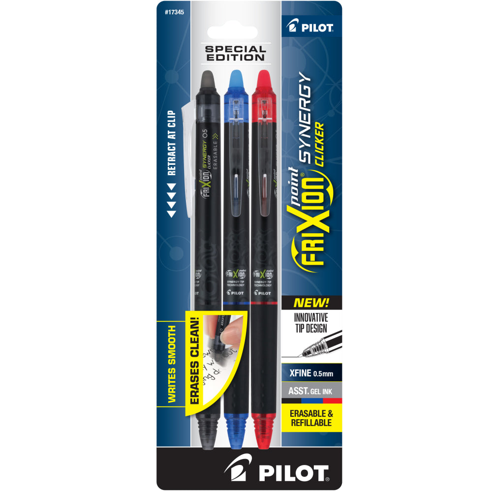 Pilot FriXion Synergy Clicker Erasable Retractable Gel Pens, Extra-Fine Point, 0.5 mm, Black Barrel, Assorted Ink, Pack Of 3 Pens