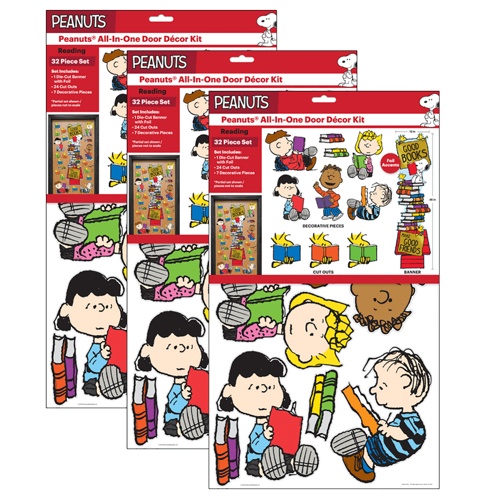 Eureka School Reading All-In-One Door Decor Kits, 45in, Peanuts, 32 Pieces Per Kit, Pack Of 3 Kits