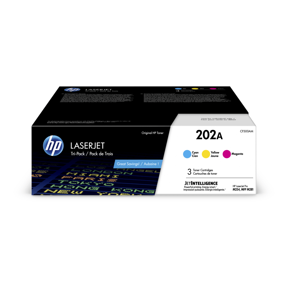 HP 202A Cyan, Magenta, Yellow Toner Cartridges, Pack Of 3, CF500AM