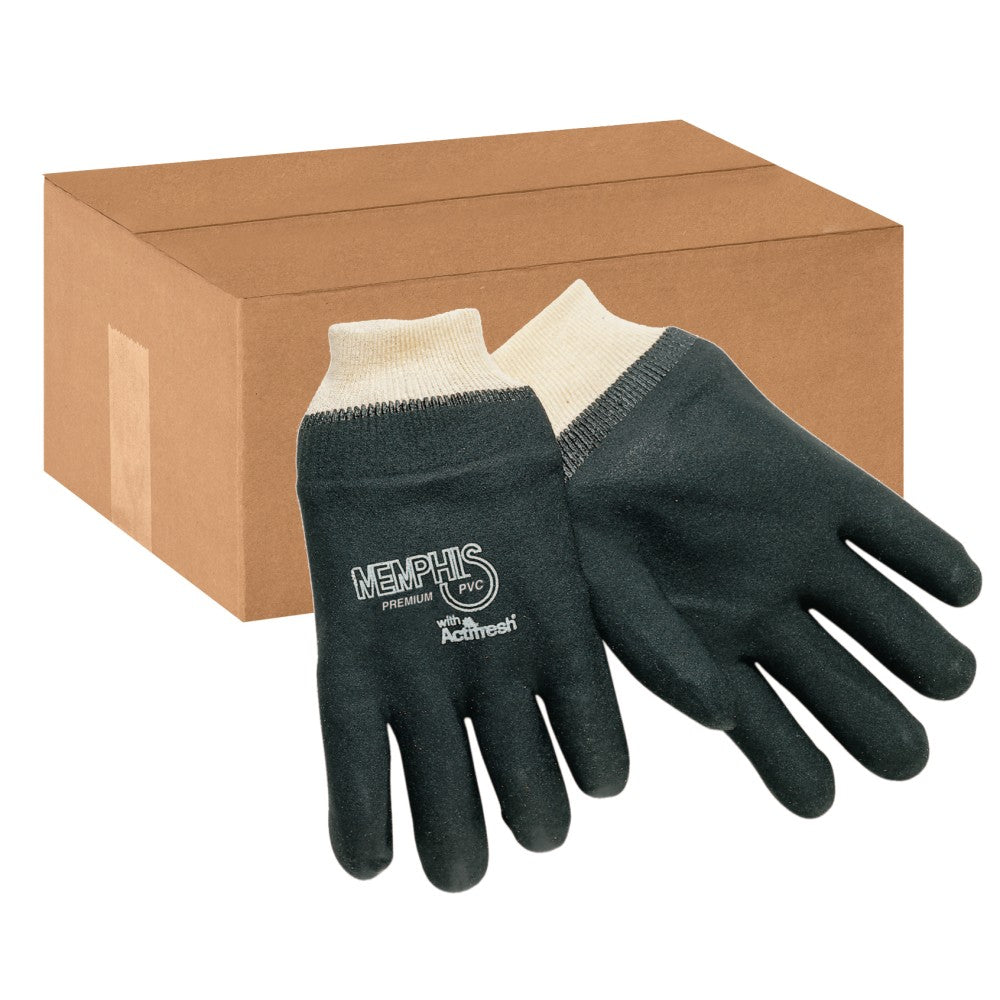 Memphis Glove Premium Double-Dipped PVC Gloves, One Size, Black, Pack Of 12 Pairs