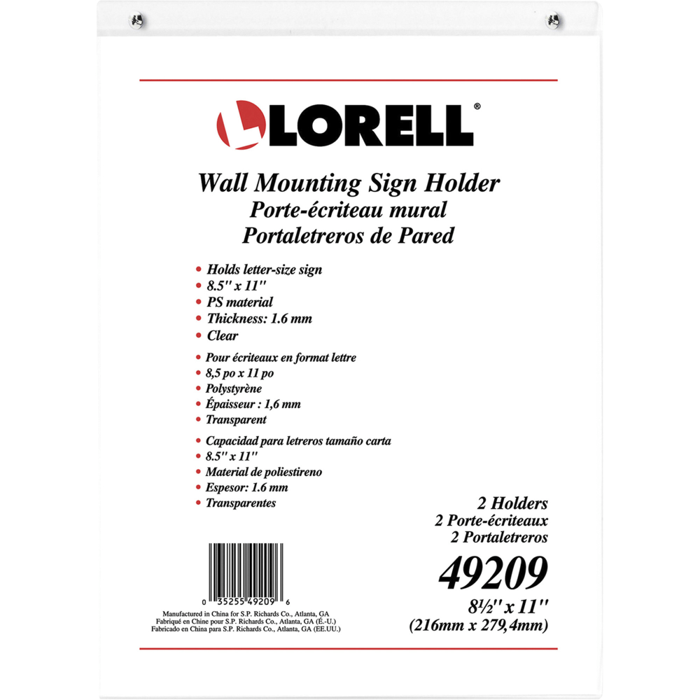 Lorell Wall-Mounted Sign Holder, 8-1/2in x 11in, Clear