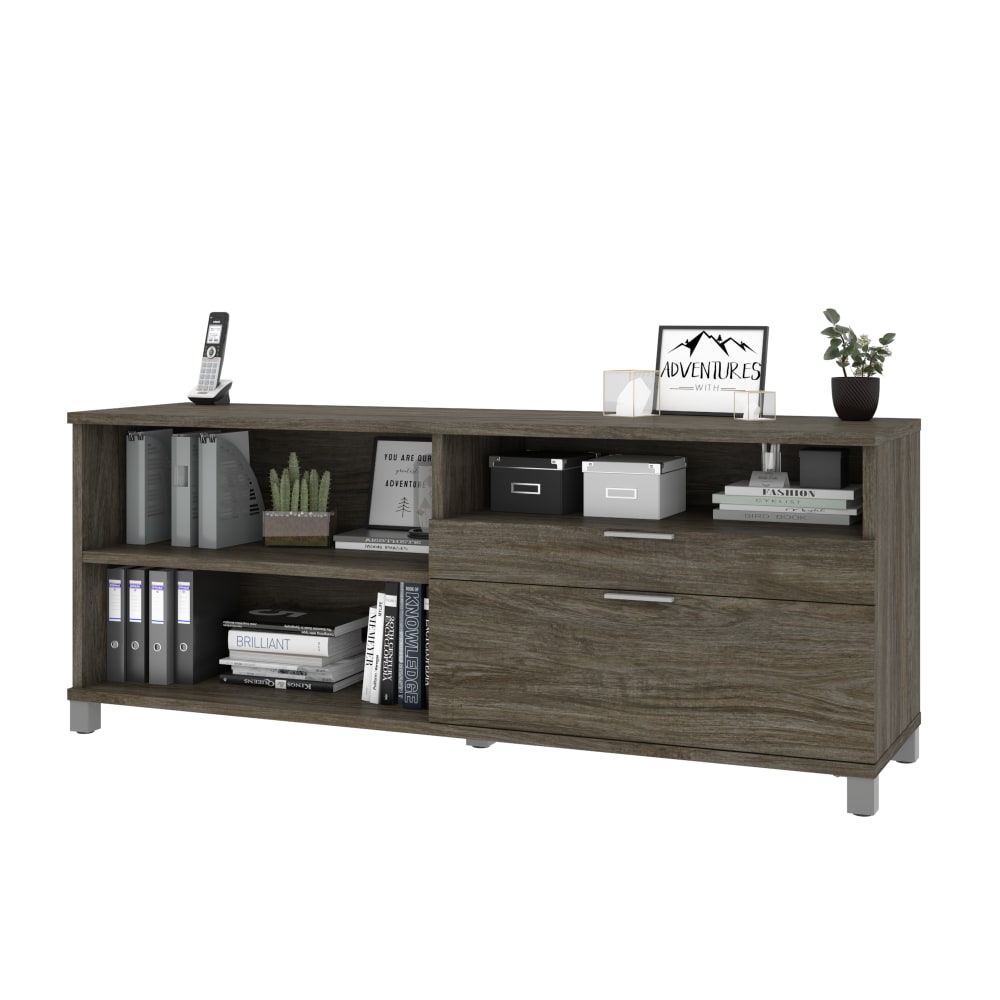 Bestar Pro-Linea 72inW Computer Desk Credenza With 2 Drawers, Walnut Gray