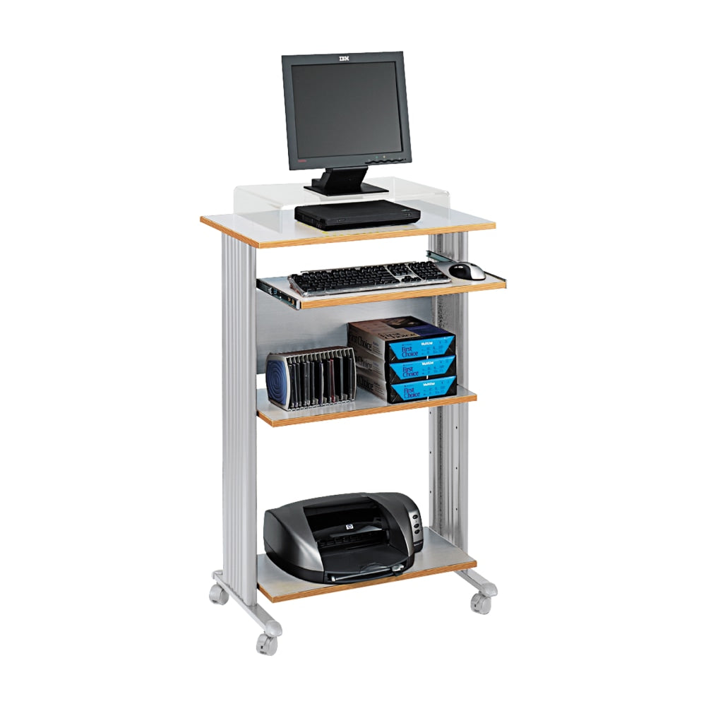 Safco Muv 30inW Fixed Height Stand-Up Mobile Workstation With 2-Shelves and Keyborad Tray, Gray