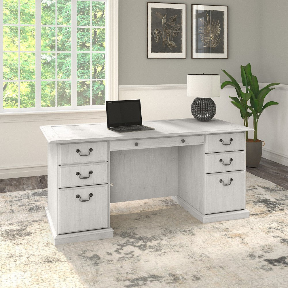 Bush Furniture Saratoga Executive 66inW Computer Desk With Drawers, Linen White Oak, Standard Delivery