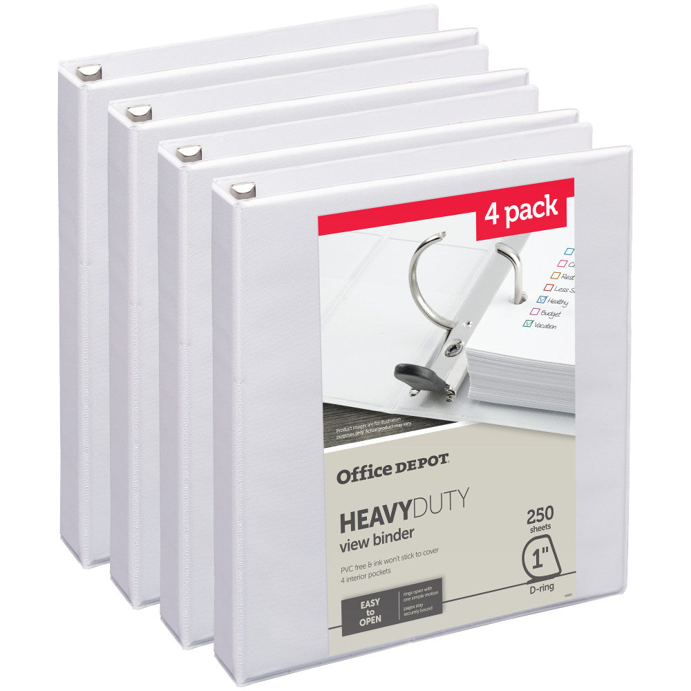 Office Depot Heavy-Duty View 3-Ring Binder, 1in D-Rings, 49% Recycled, White, Pack Of 4