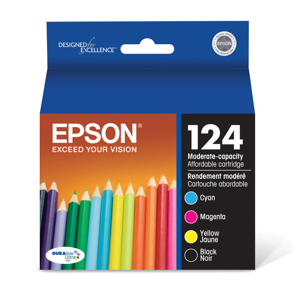 Epson 124 DuraBrite Ultra Black And Cyan, Magenta, Yellow Ink Cartridges, Pack Of 4, T124120