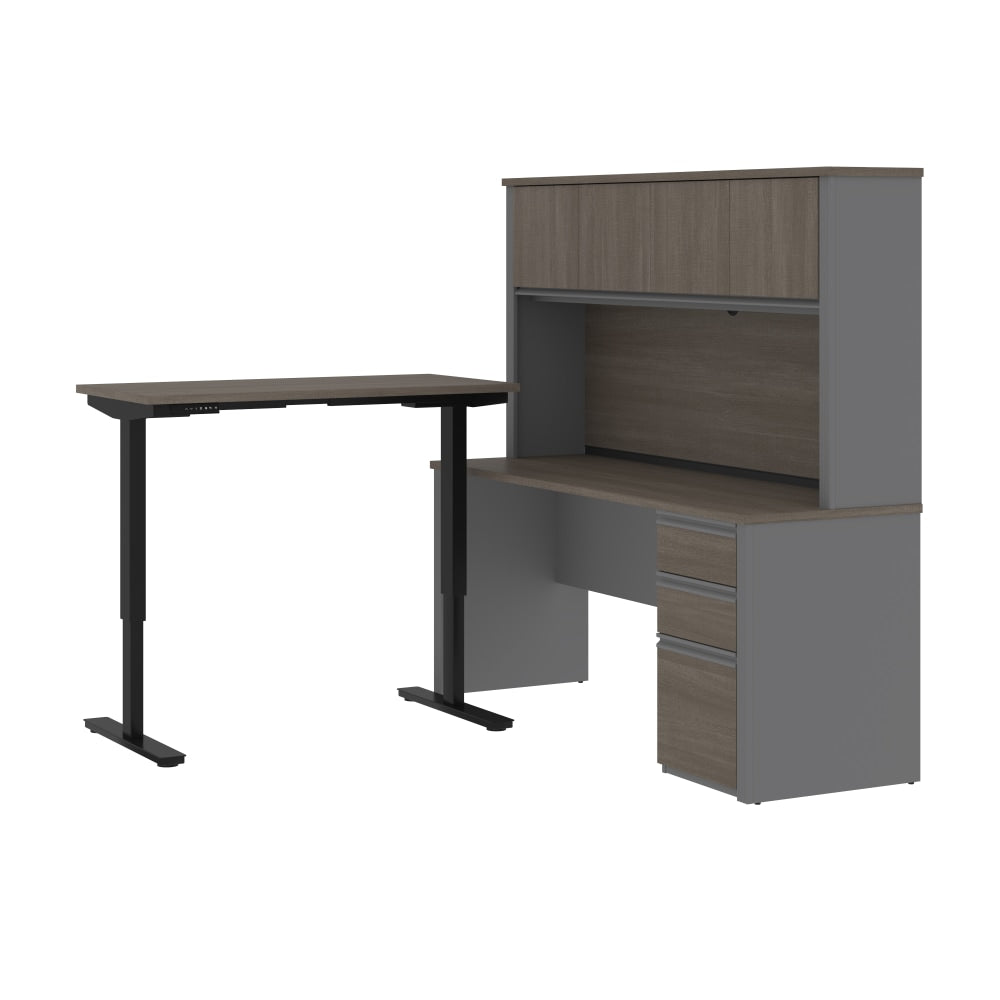 Bestar Prestige + 72inW L-Shaped Standing Corner Desk With Pedestal And Hutch, Bark Gray/Slate