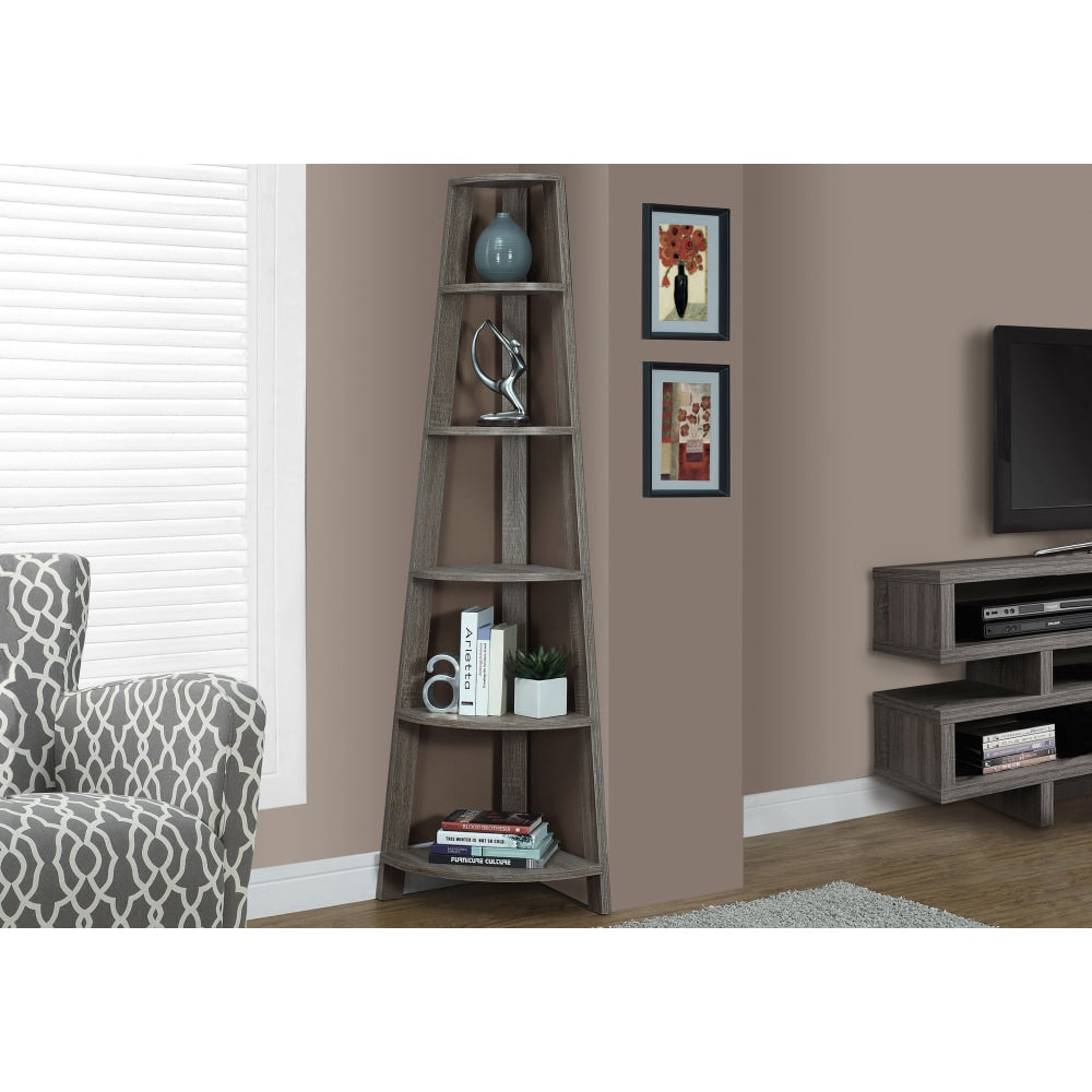 Monarch Specialties Karlee 72inH 5-Shelf Corner Bookcase, Dark Taupe