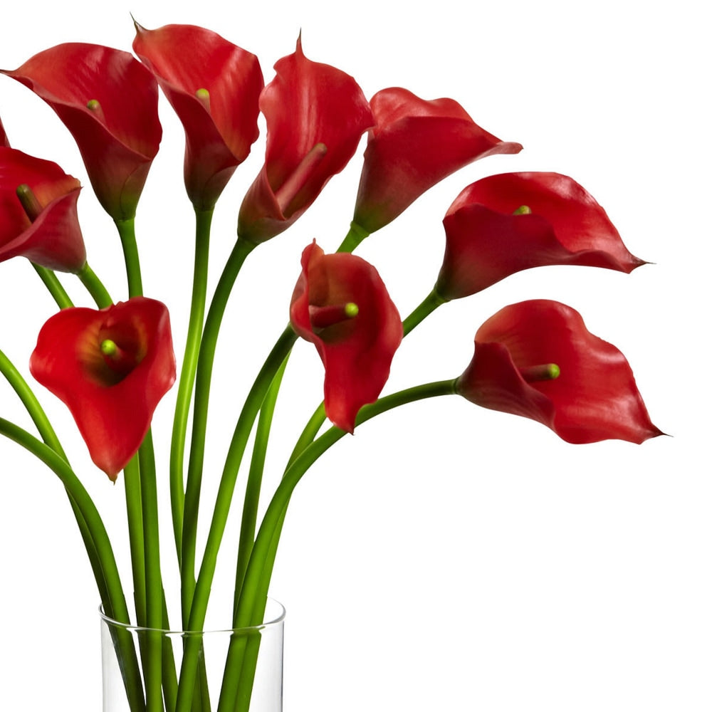 Nearly Natural Mini Calla Lily 20inH Plastic Silk Flower Arrangement With Vase, 20inH x 15inW x 15inD, Red