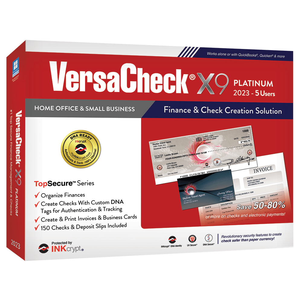 VersaCheck X9 INKcrypt Platinum Software, 2023, For 5 Users, Windows 8.1/10/11, Disc/Product Key