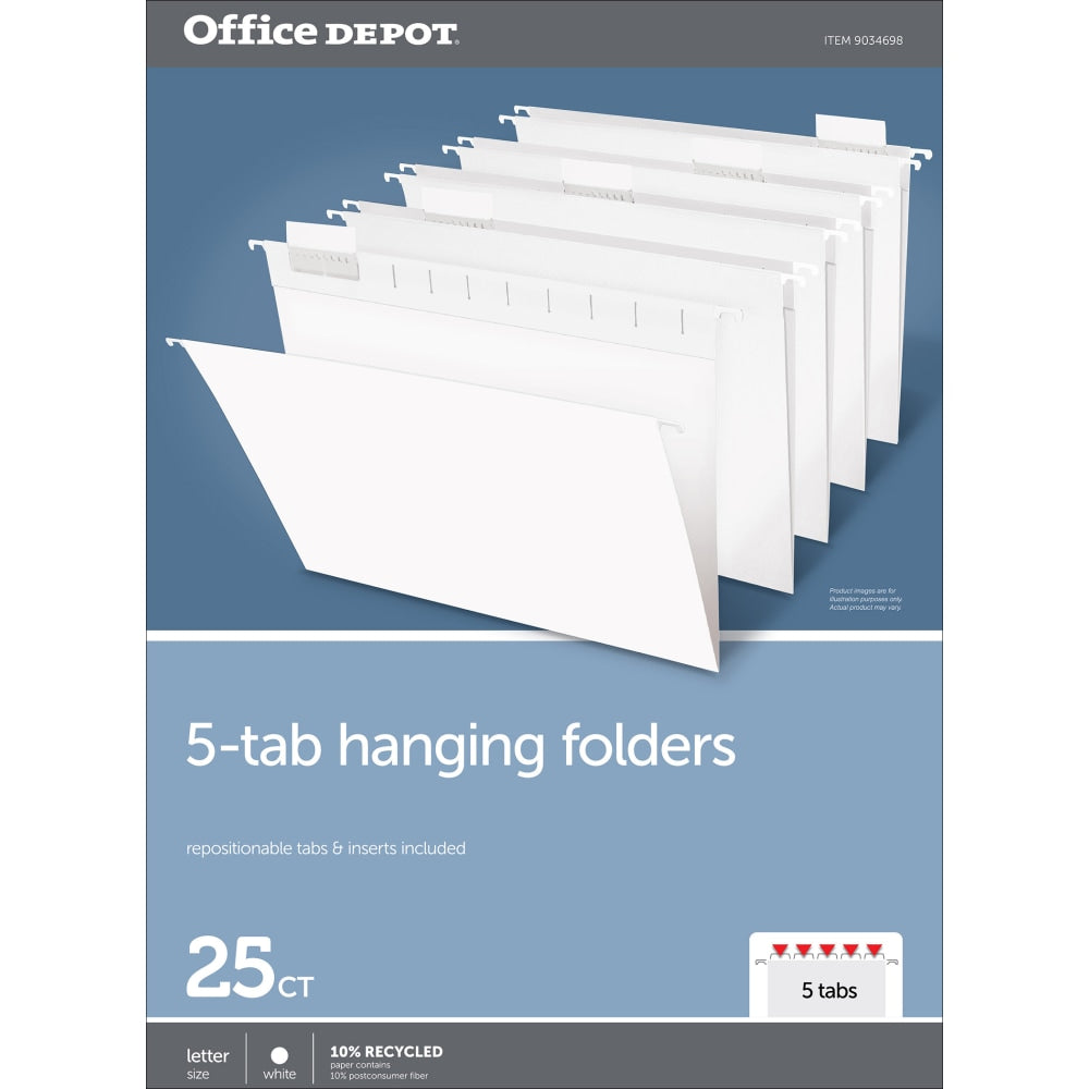 Office Depot Brand Hanging File Folders, 1/5-Cut, Letter Size, White, Pack Of 25 Folders