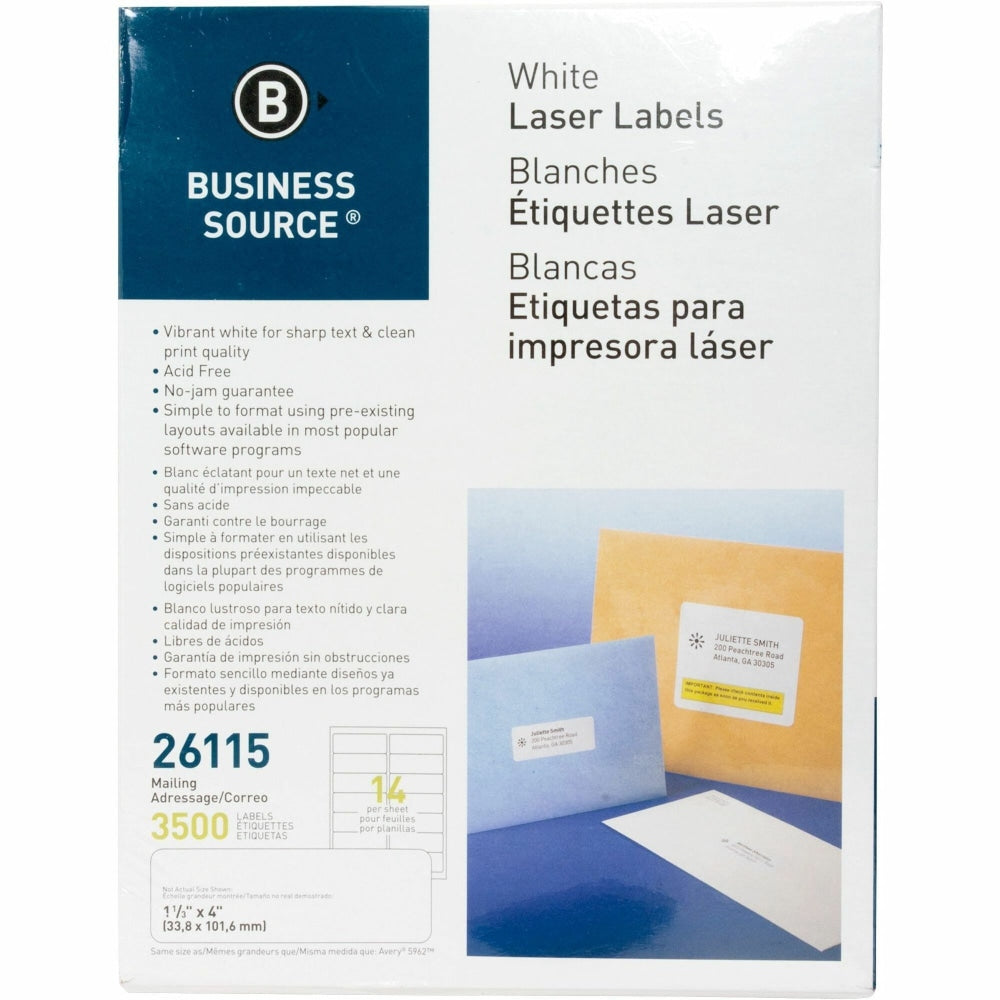 Business Source Bright White Premium-quality Address Labels - 1 1/3in Width x 4in Length - Permanent Adhesive - Rectangle - Laser, Inkjet - White - 14 / Sheet - 250 Total Sheets - 3500 / Pack - Lignin-free, Jam-free