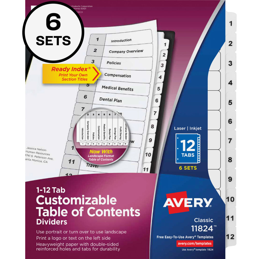 Avery Ready Index Binder Dividers, 8-1/2in x 11in, White, 12 Tabs Per Pack, Set Of 6 Packs