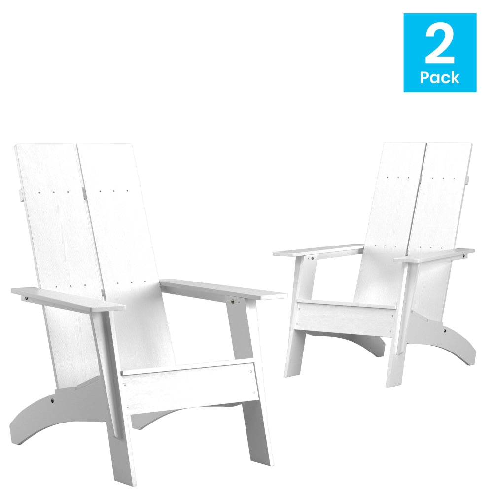 Flash Furniture Sawyer Modern All-Weather Poly Resin Wood Adirondack Chairs, White, Set Of 2 Chairs