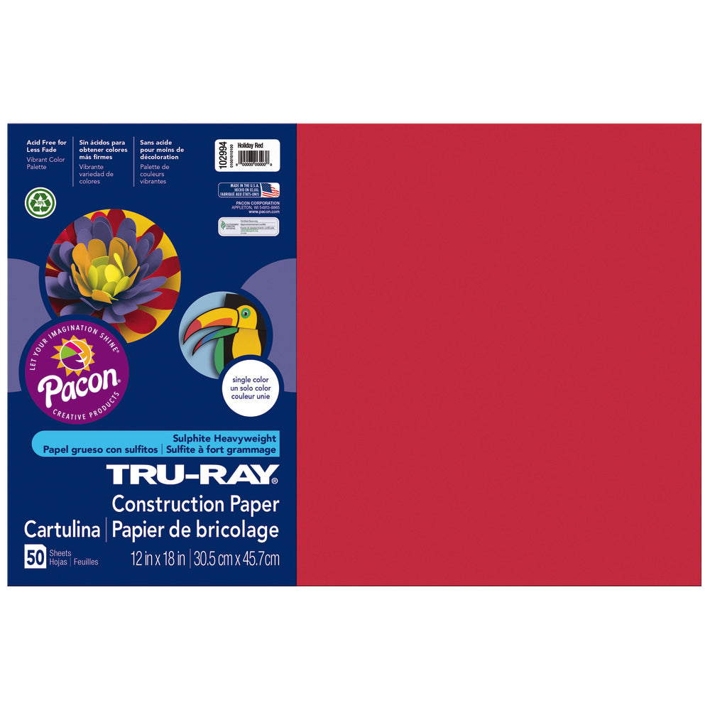 Tru-Ray Construction Paper, 50% Recycled, 12in x 18in, Holiday Red, Pack Of 50